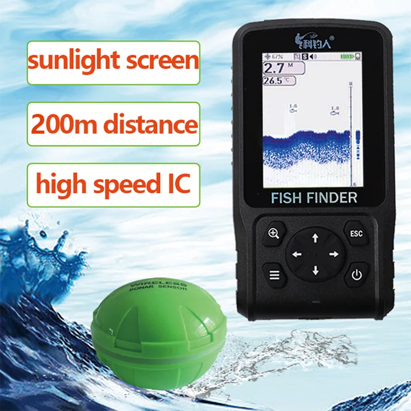 Wireless 200 Meters Long Distance Sonar Fish Finder English Russian Trilingual Visible Large Screen Dual Charging Dot Matrix