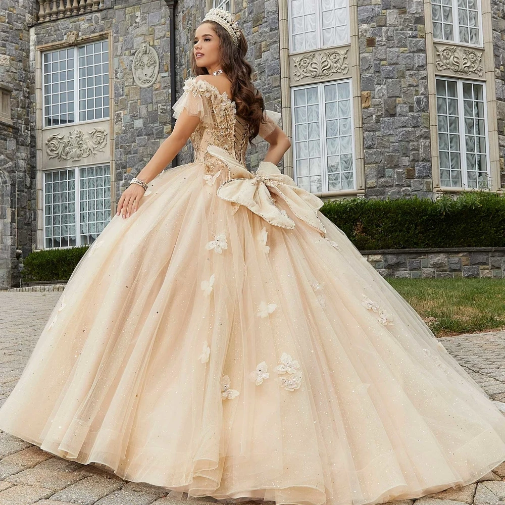 EVLAST-Vestido Princess Quinceanera, Apliques de tule, Renda, 3D Butterflies, frisado, Sweet 16, TQD109, 2023, Champanhe