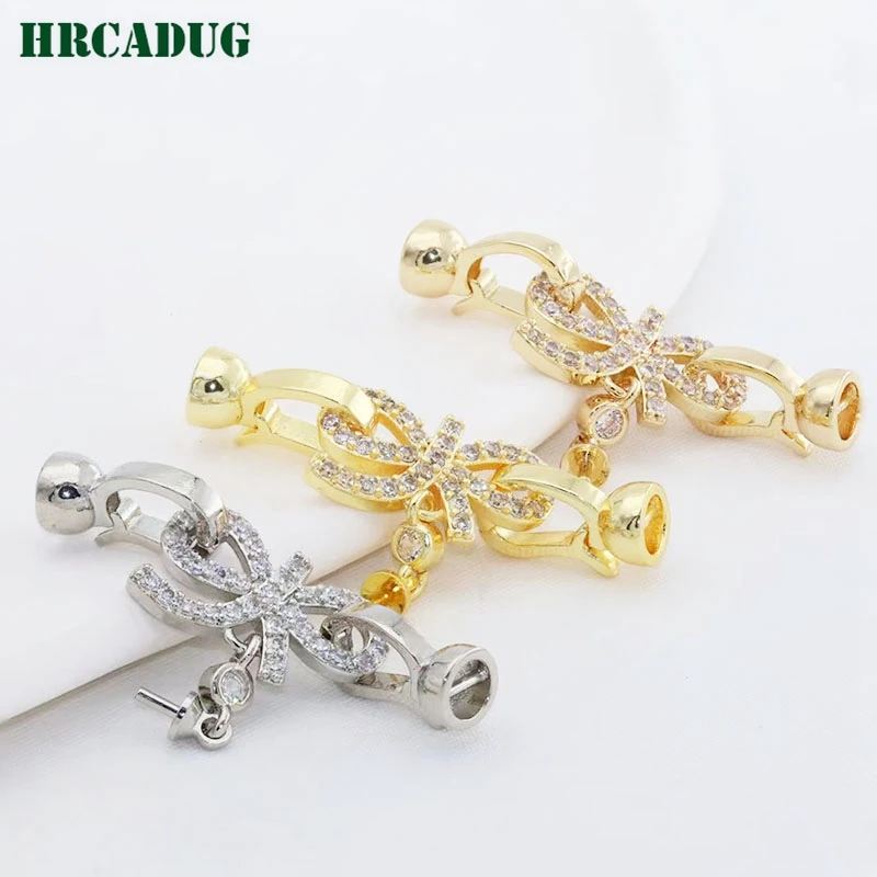 

18K Gold Plated Pendant Connectors Jewelry Bowknot Clasp Inlaid Zircon Pearl Clasps Fasteners For DIY Jewelry Making Supplies