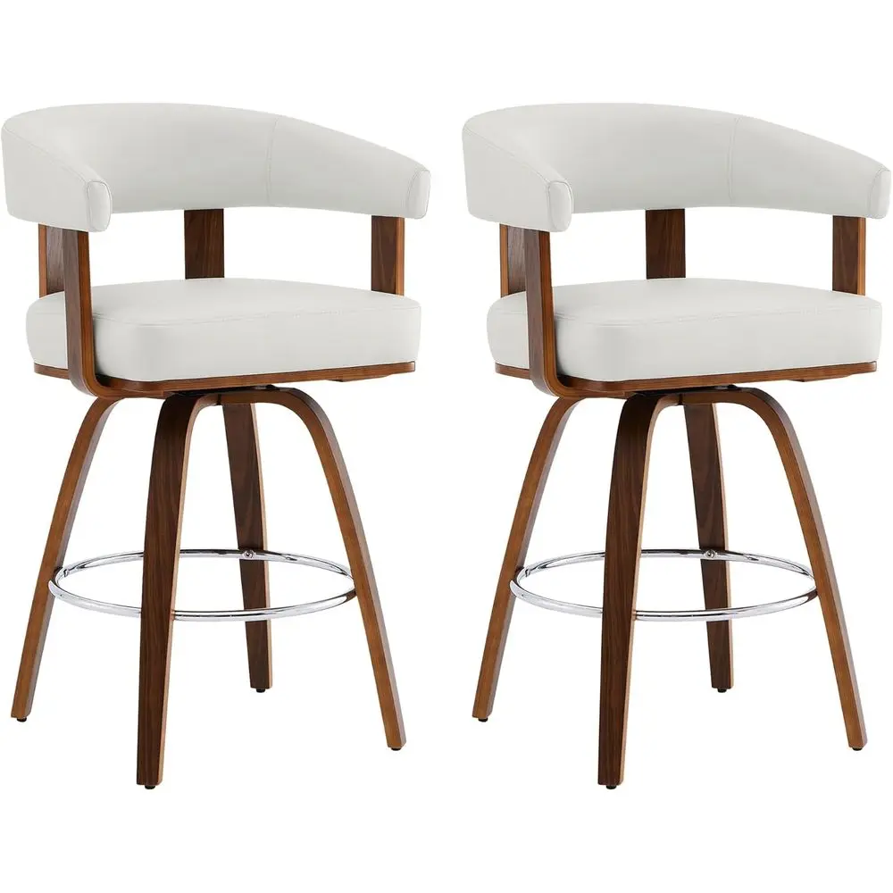 

Set of 2 Leather Upholstered Counter Height Bar Stools with Back and Armrest, 27 Seat Height, White and Walnut Finish
