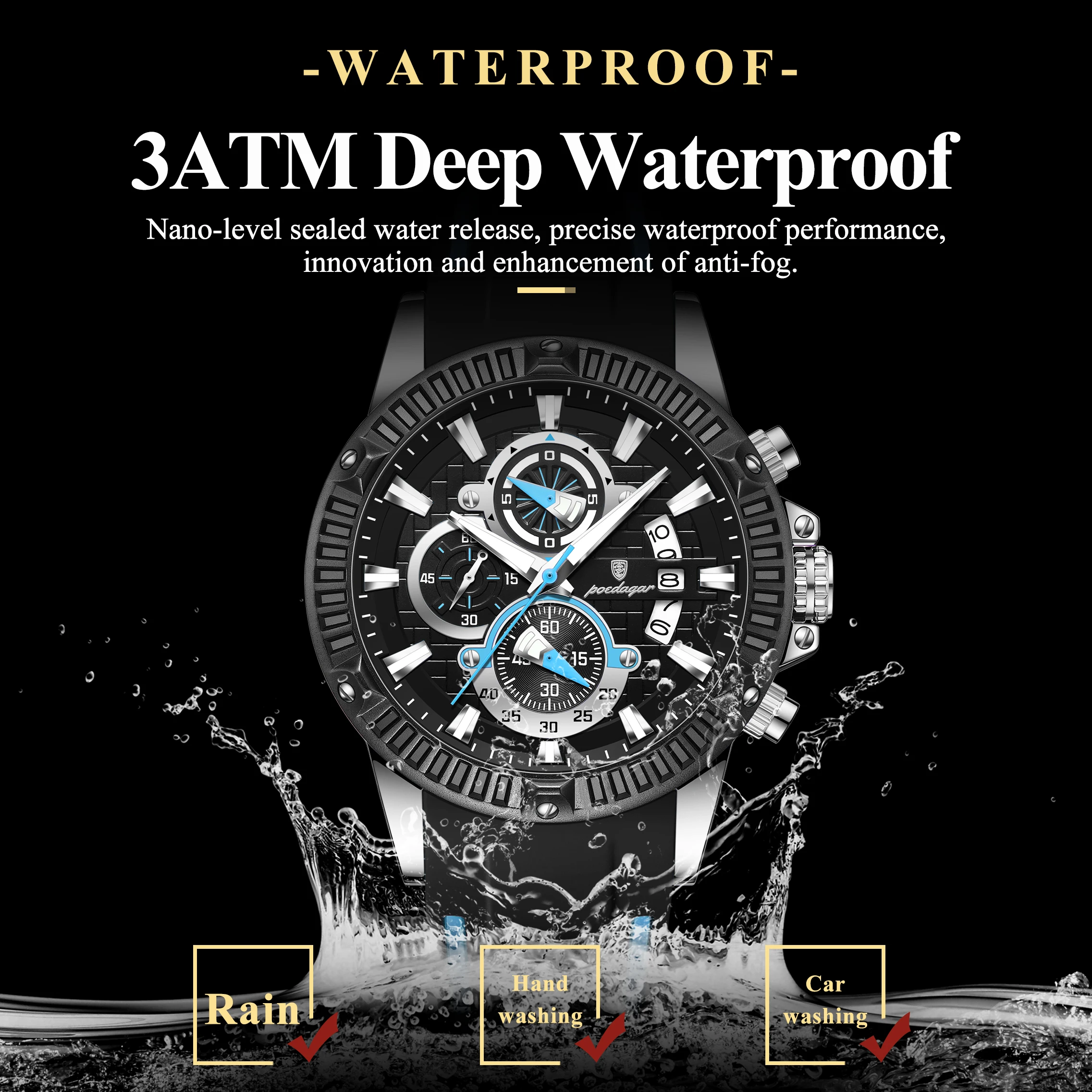 POEDAGAR قمة الموضة الرجال ساعة اليد كرونوغراف تاريخ مقاوم للماء ساعة مضيئة للرجل سيليكون حزام الكوارتز الرياضة ساعات رجالية