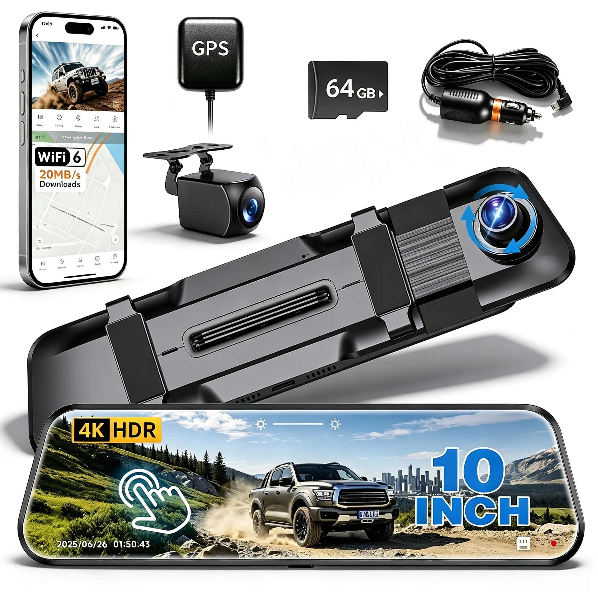 4K+2.5K Mirror Dash Cam, Rear View Mirror Camera 10'', With ADAS and BSD, Full Touch Screen Dash Cam, Front and Rear Camera with Night Vision,  5.8G Wifi & GPS, Streaming Media, 170° Wide Angle, Parking Assistance, Free 64GB Card, Loop Recording