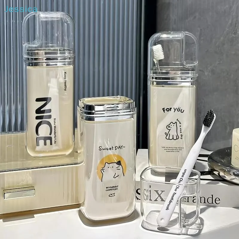 〔S〕Portable Travel Toothbrush Cup Cartoon Pattern Transparent Toothpaste Storage Box,Outdoor Camping Wash Cup Toiletry Organizer