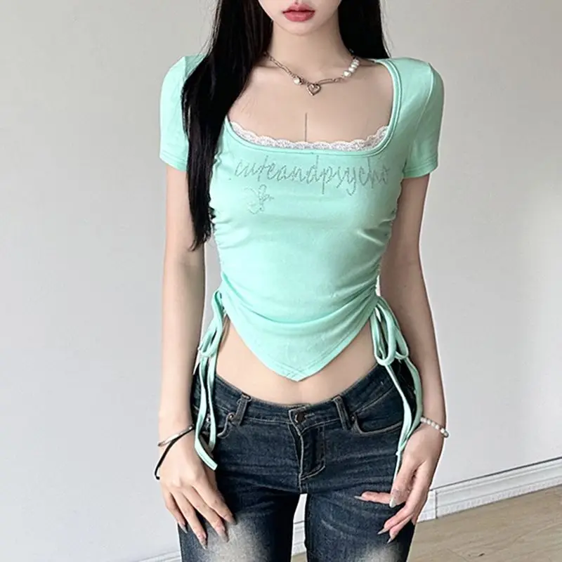 T Shirt Lace Stitching Mint Green Square Collar Lace Up Slim Casual Women 2024 Summer New Y2K High Street Short Sleeves