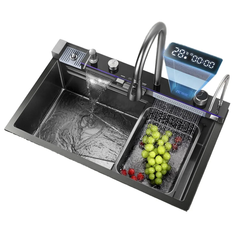 

Handmade 304 Stainless Steel Single Bowl Kitchen Sink With Faucet Large Multifunctional Nano Surface Black Factory Price
