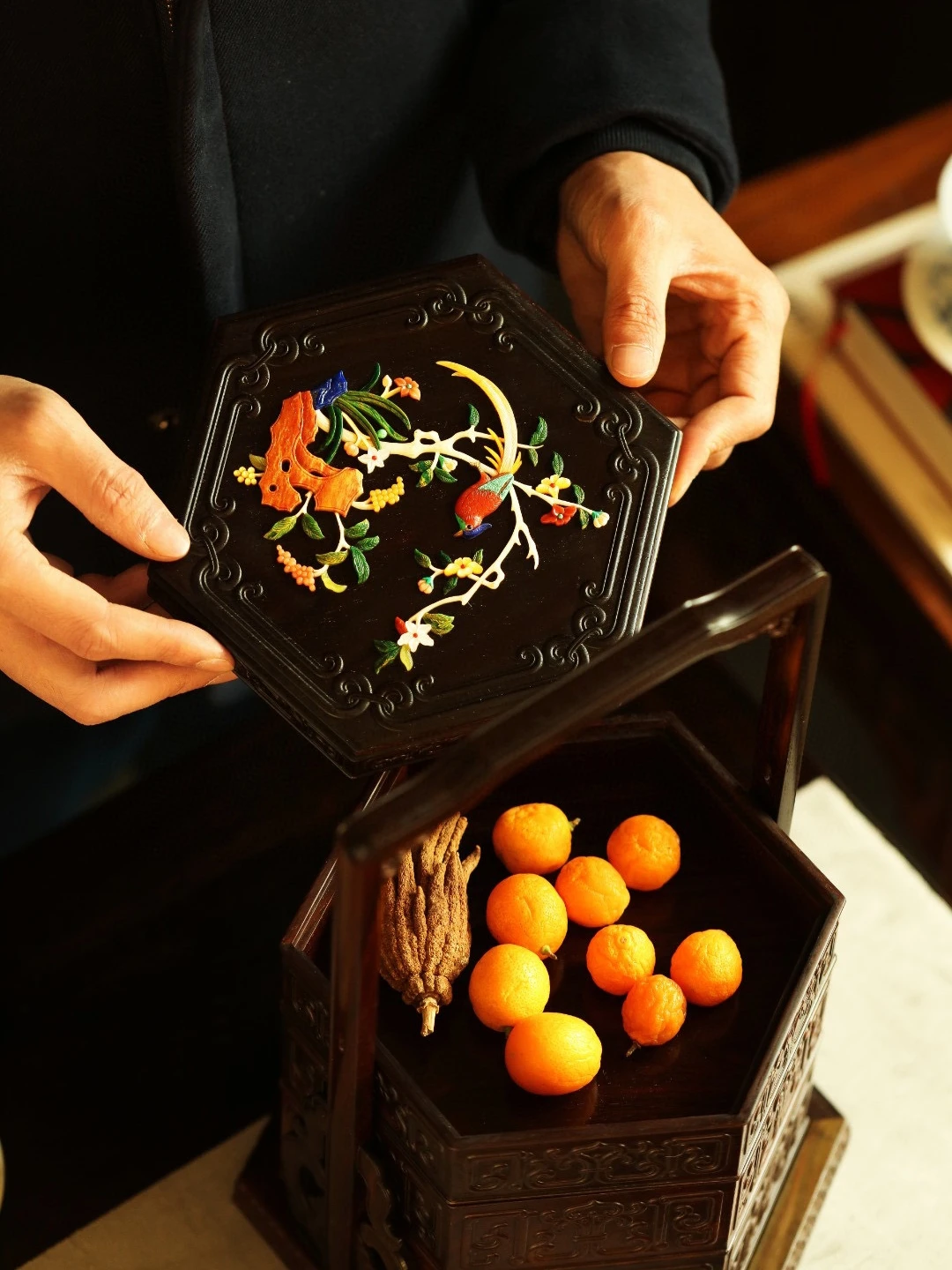 Siam Rosewood Baibao inlaid beam box, mahogany Dim sum storage, Chinese classic food, high-end club gift