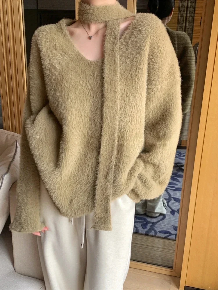 

2025 Autumn Winter Women's Sweater Casual Lazy Style Mink Cashmere Oversized Sweater Fashion Loose Knitwear Long Sleeve Pullover