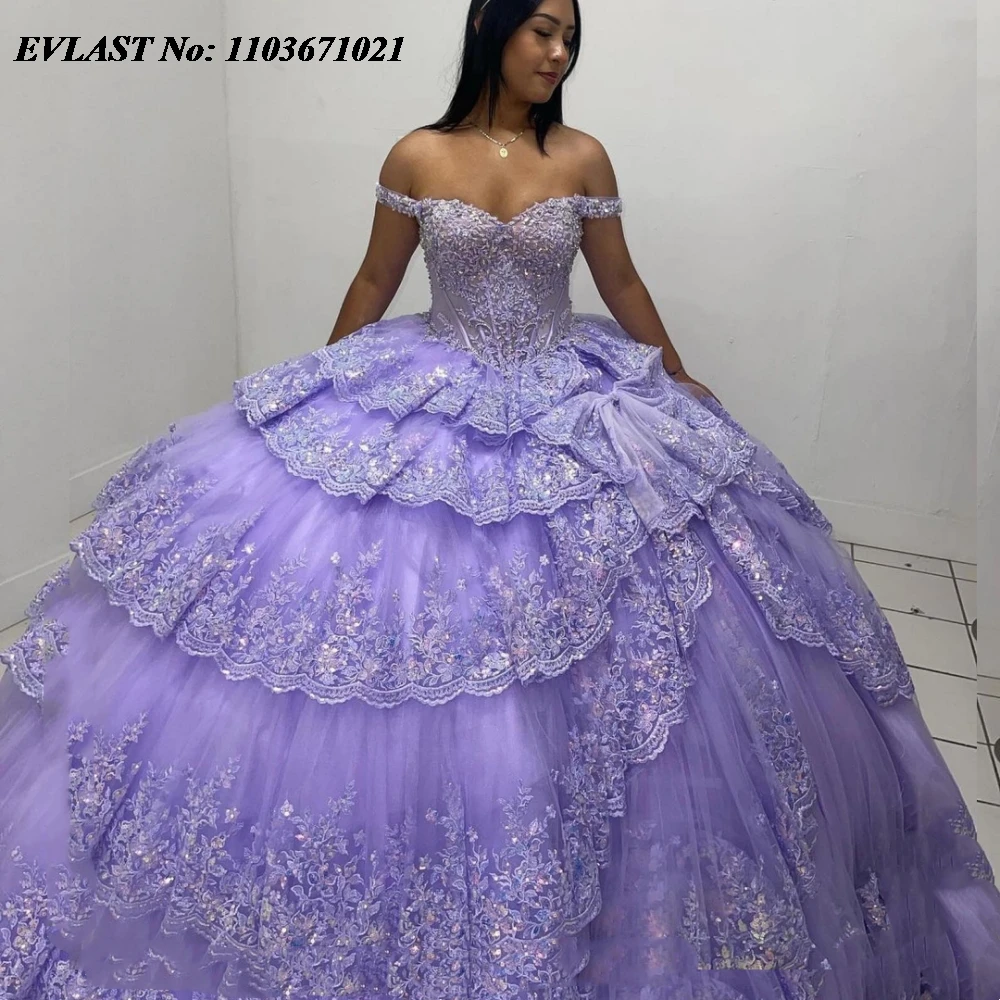 EVLAST Personalizzato Lilla Abito Quinceanera Abito di Sfera Lucido Pizzo Paillettes Applique Corsetto di Perline Dolce 16 Abiti Da 15 Anos SQ746