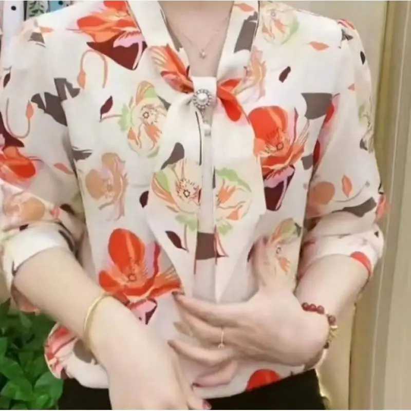 Spring Summer Commute Blouse Stylish Printed Blouse Female Elegant V-Neck Drawstring Bow Chic Three-dimensional Decoration Shirt