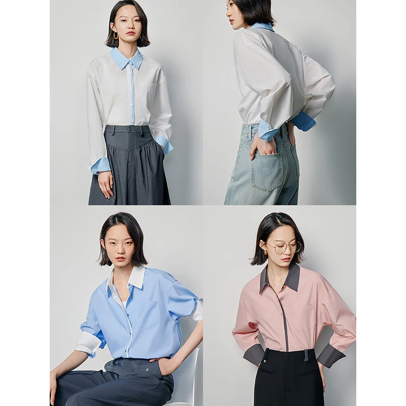 Toyouth Women Shirts 2024 Spring Long Sleeve Polo Neck Loose Blouse Color Blocking Splicing French Elegant Three Colors Tops