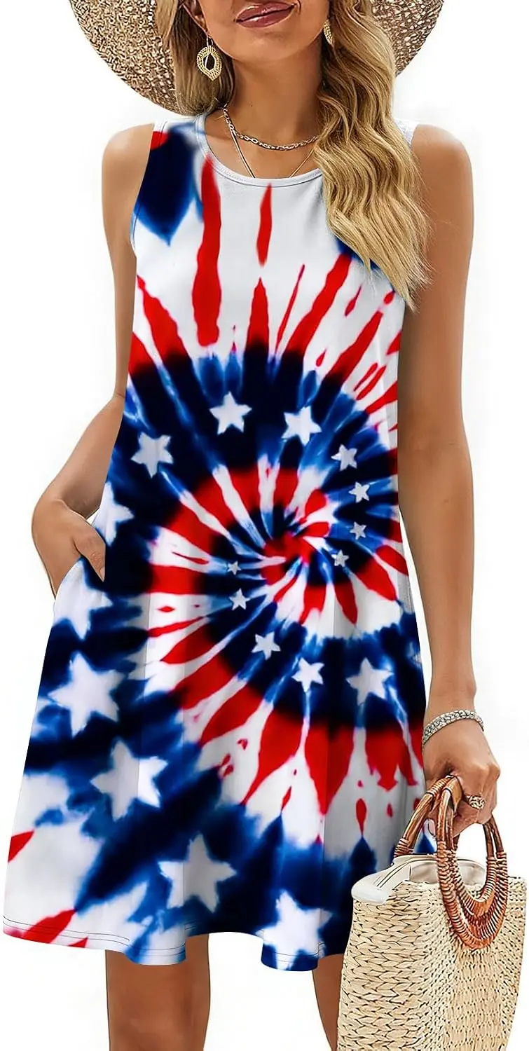 4th of July Dresses for Women Independence Day Patriotic Tank Dress Fourth of July Sleeveless Sundress with Pockets