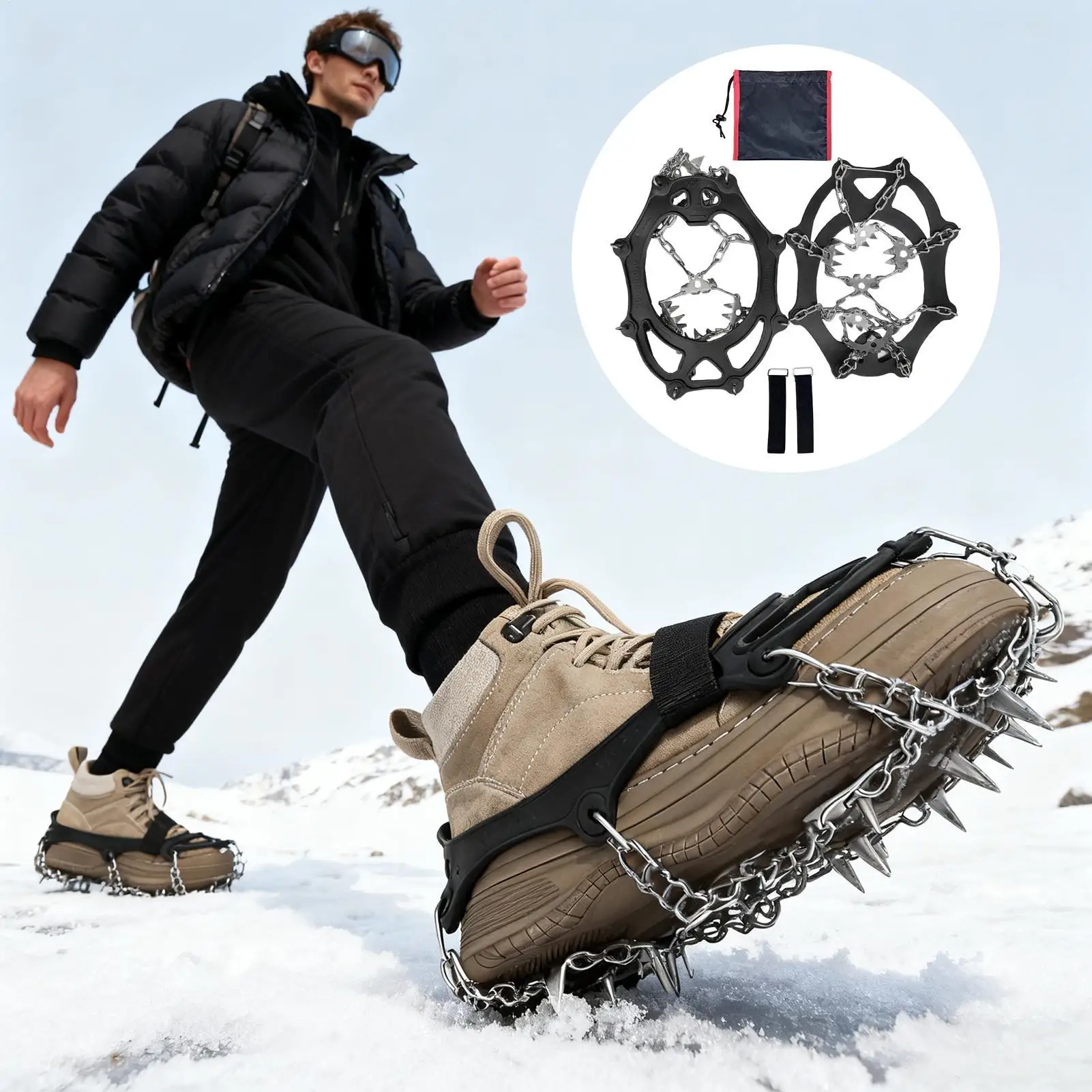 19-Tooth Anti-Slip Ice Cleats Stainless Steel Snow Crampons Heavy Duty Traction Spikes for Shoes & Boots, Winter Hiking Climbing