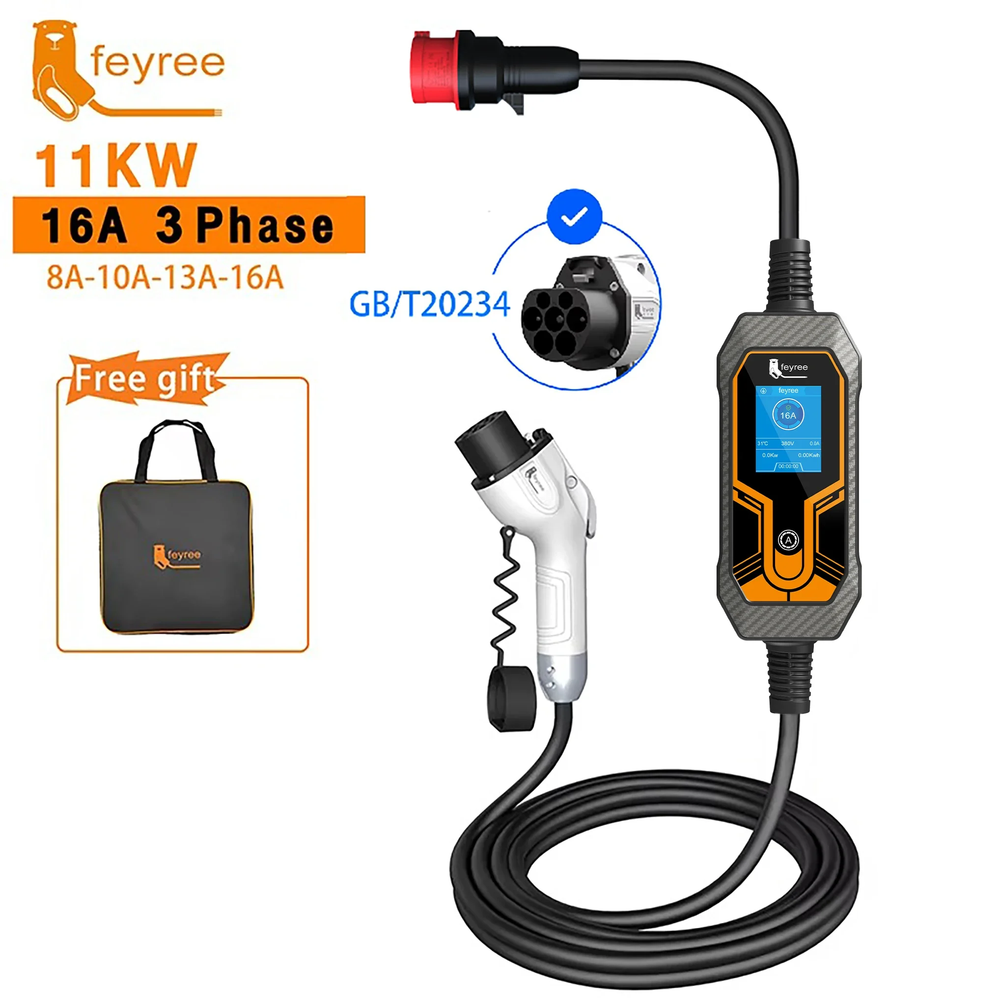 feyree GB/T Cord 11KW 16A 3 Phase EV Portable Charger 5M Cable EVSE Charging Box Car Charger with CEE Plug for Electric Vehicle