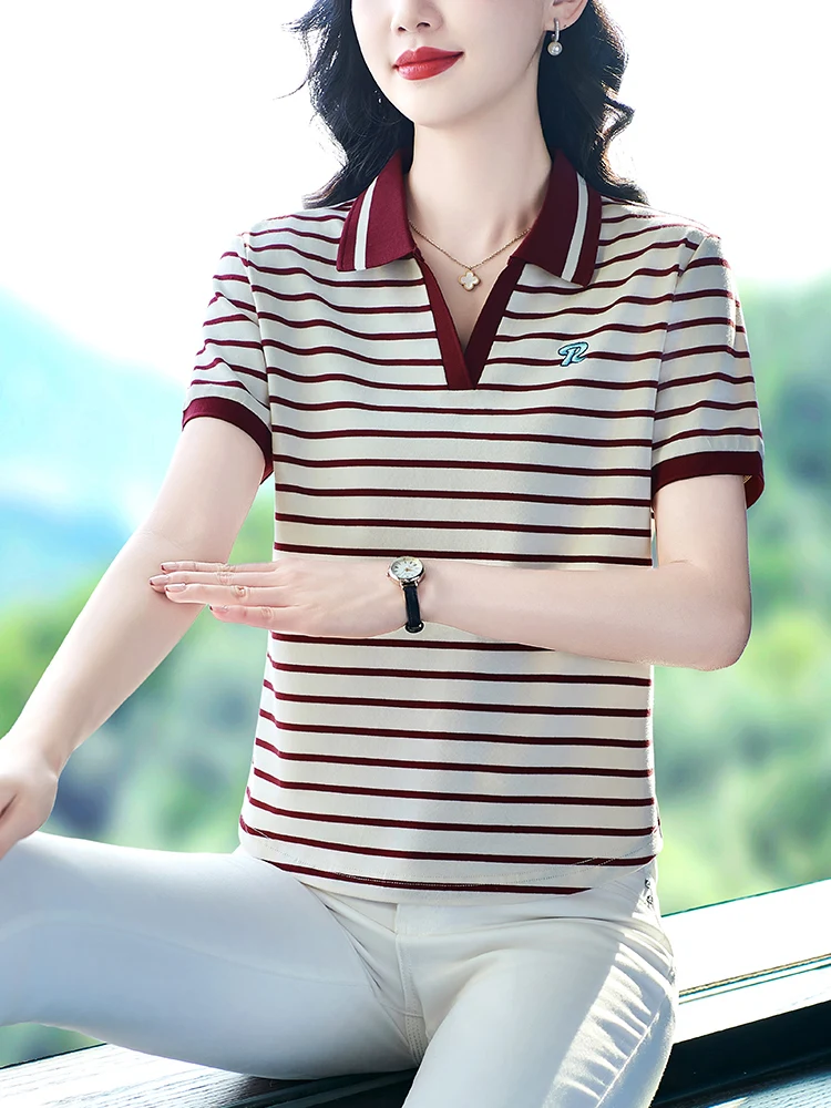 

High-End Pure Cotton ort Sve irt Women's Striped Faion Midlife Summer Top Mom's Clothing Cotton Blend Thin