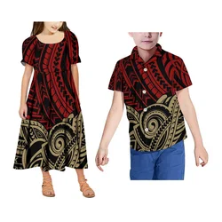 Samoan Tribal Style Children Suit Matching Blue Kids Shirt And Dress Matching Polynesian Girls Long Dress Hawaiian Boys Shirt