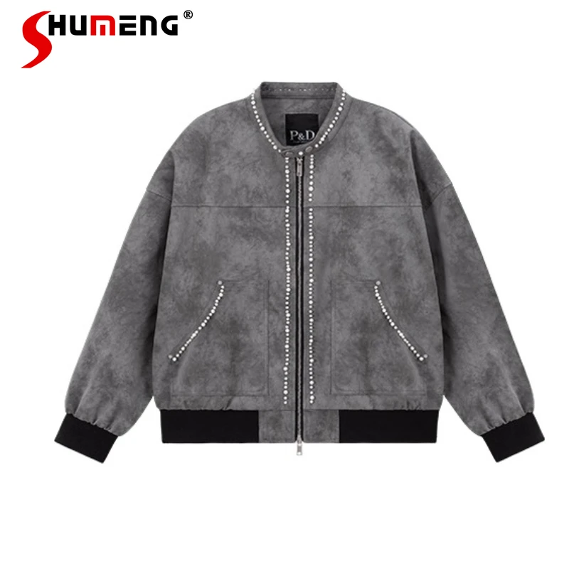 

Men Women 2025 Autumn Winter New Beaded Loose Coats High Street Chic Motorcycle Faux Leather Jacket American Style Retro Jackets