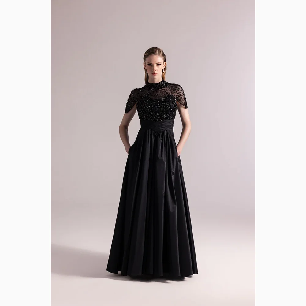 

Black High Collar Lace Evening Dresses Floor Length Crystal Pearls Prom Gown Straight Self-cultivation Party Dress Customized