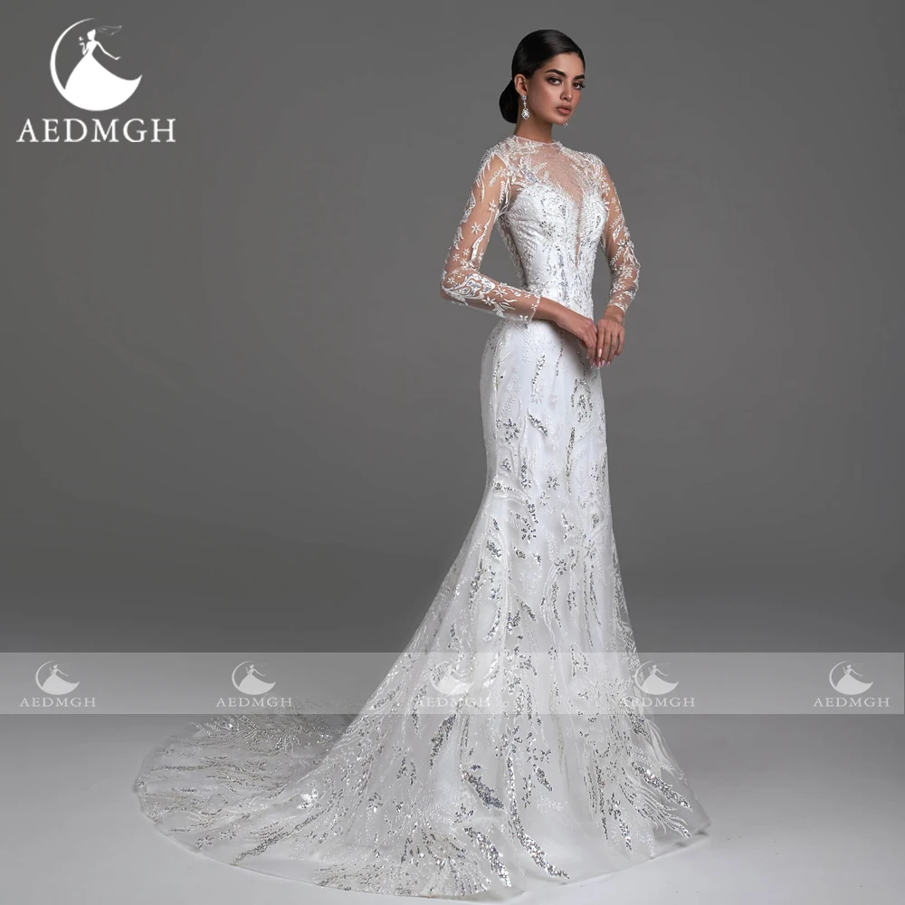 Aedmgh sirena abiti da sposa eleganti 2024 collo alto manica lunga Vestido De Novia ricamo staccabile treno Robe De Mariee