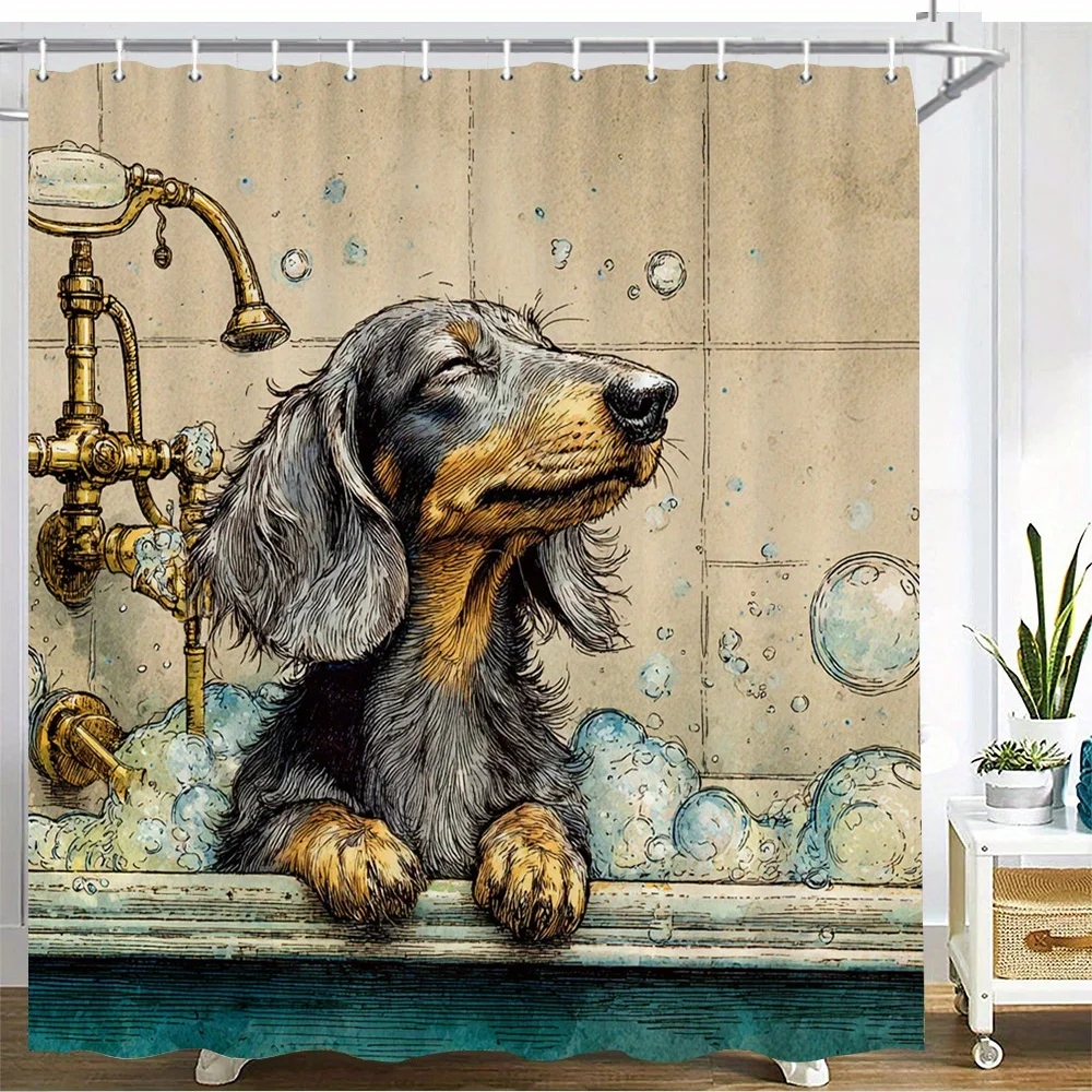 Vintage Sketch Style Longhair Dachshund Puppy Taking Bubble Bath In Old‑Fashion Bathtub Flannel , Cozy Soft Warm 