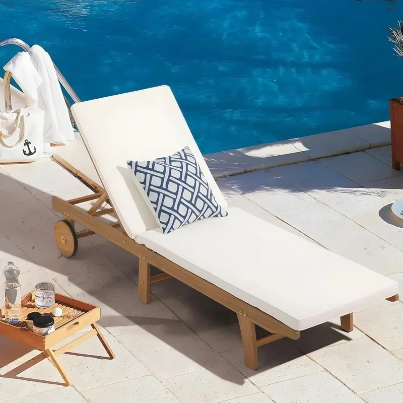 Acacia Wood Chaise Lounge with Padded Cushion, Adjustable Backrest, and Wheels - Outdoor Folding Recliner Chair 2