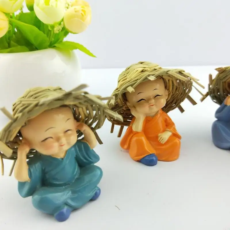 U2JA 4Pcs Car Decoration Resin Monks Buddha Straw Hat Cute for Doll Auto Interior Dashboard Ornament Automobiles Accessories