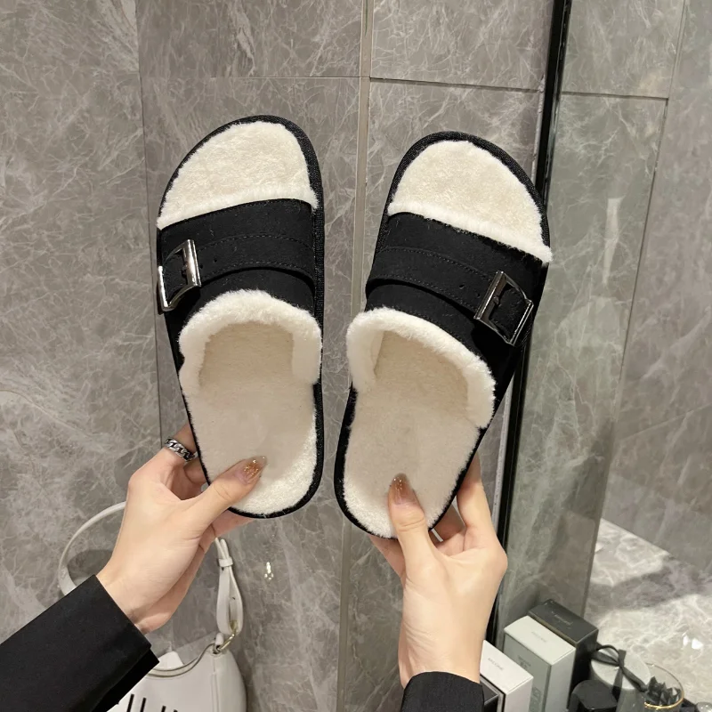 Cowhide Leather Plush Slippers For Women Metal Buckle Retro Style Flat With Winter Sandals 2022 Casual Outdoor Slippers