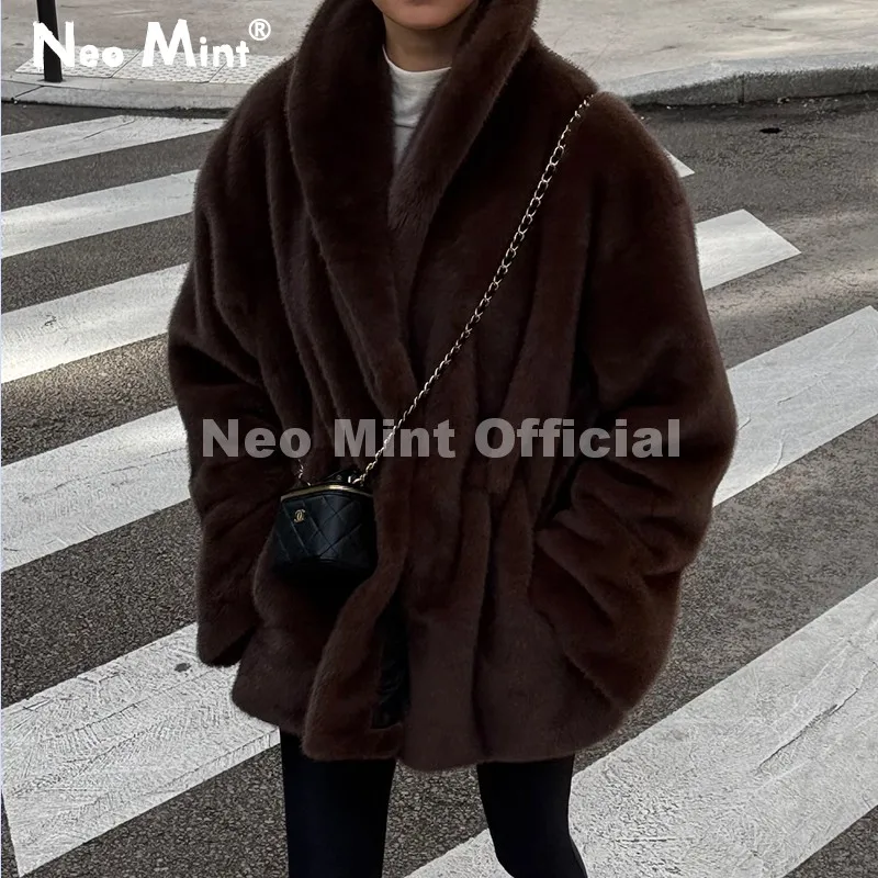 Neo Mint Trendy 2026 Winter Women Brand Faux Mink Fur Peplum Jacket Chic Street Fashion Girls Warm Drawstring Waist Eco Fur Coat