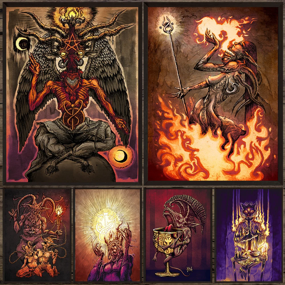 Bizarre Demon Portrait Art Poster And Print,Creepy Monster Abstract Wall Art,Demon And Witchcraft Canvas Poster Home Decoration