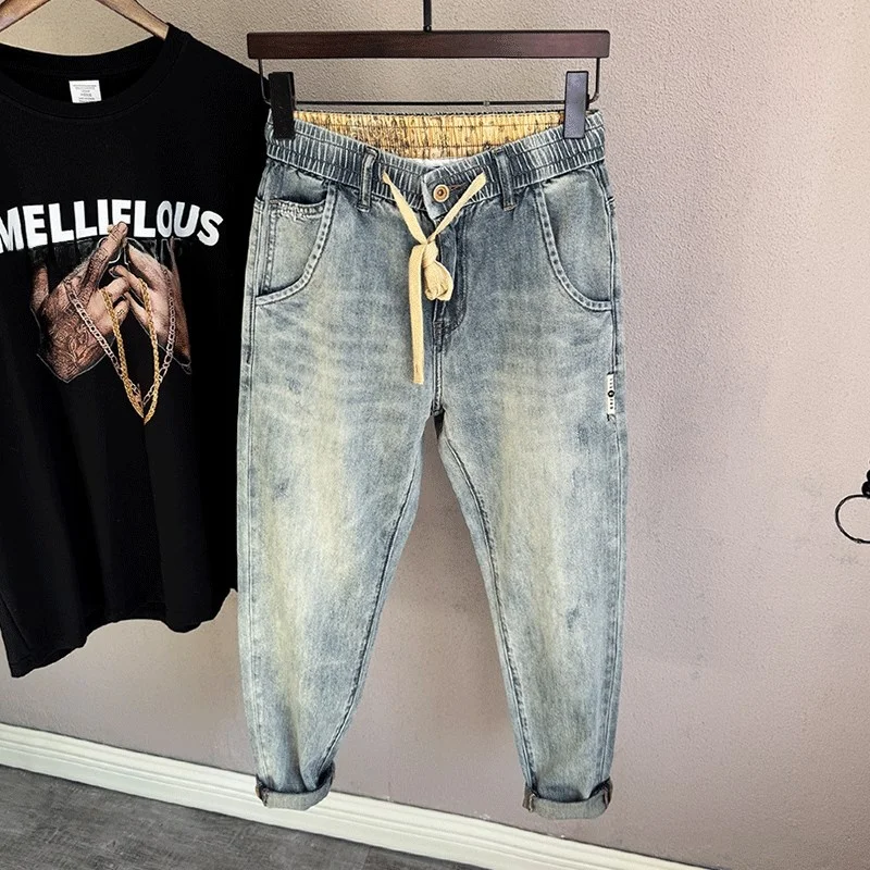 

Spring Summer Men's Slim Fit Waed Nine-ket Elastic Waist Dstring Thin Soft Loose Jeans Trendy Breathable Summer Jeans