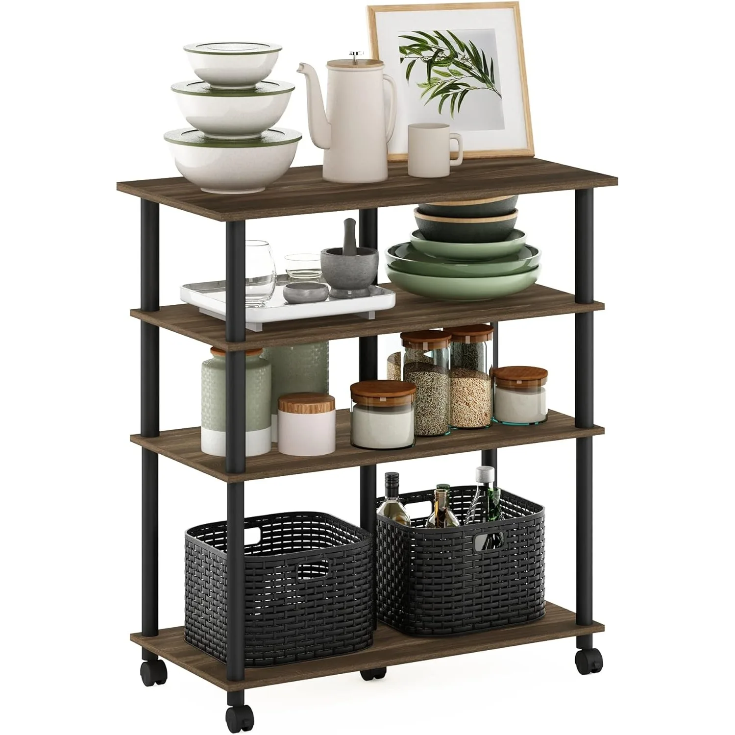 

Helena 4-Tier Multifunction Rolling Kitchen Island Dining Cart on Wheels, Columbia Walnut/Black