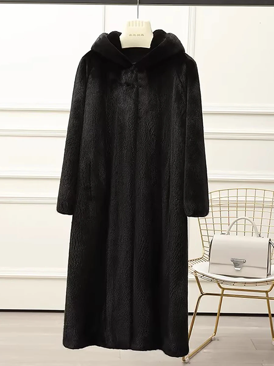 ラウタロ 秋冬 ロング ラグジュアリー エレガント 厚手 暖かい ふわふわ ソフト フェイクミンク ファーコート レディース フード付き ブラック ファーリーオーバーコート 2025