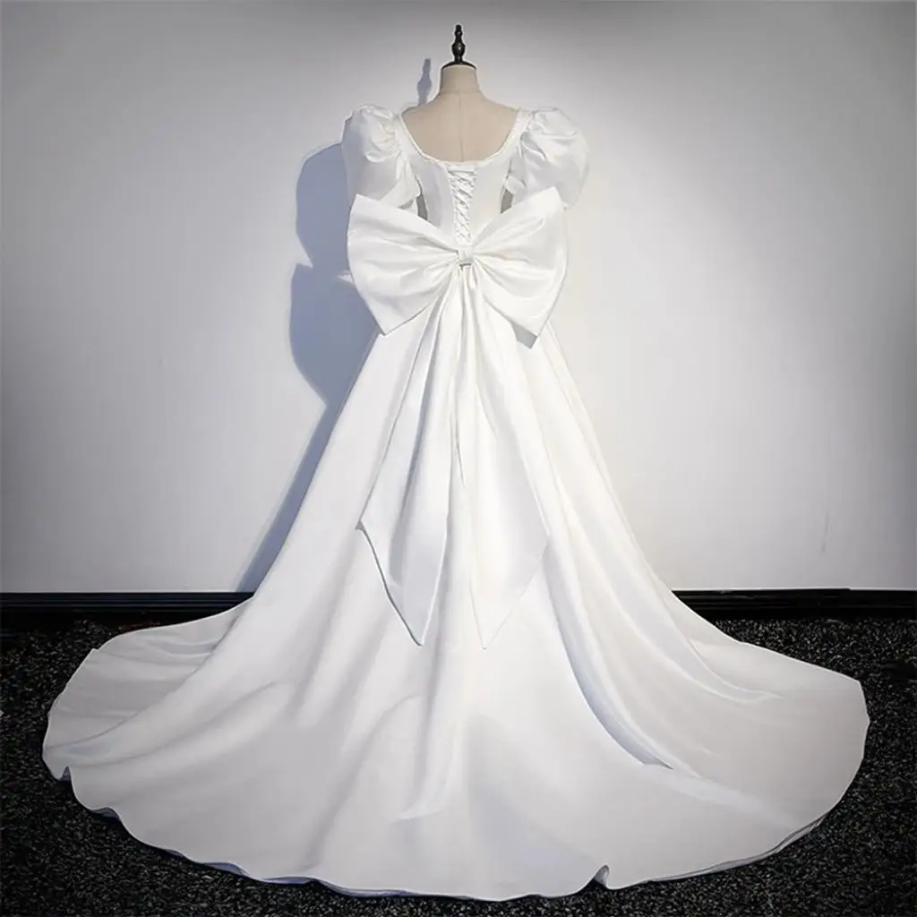 Doce princesa querida colarinho vestido de casamento vestido de cetim manga curta grande arco vestido de noiva personalizado