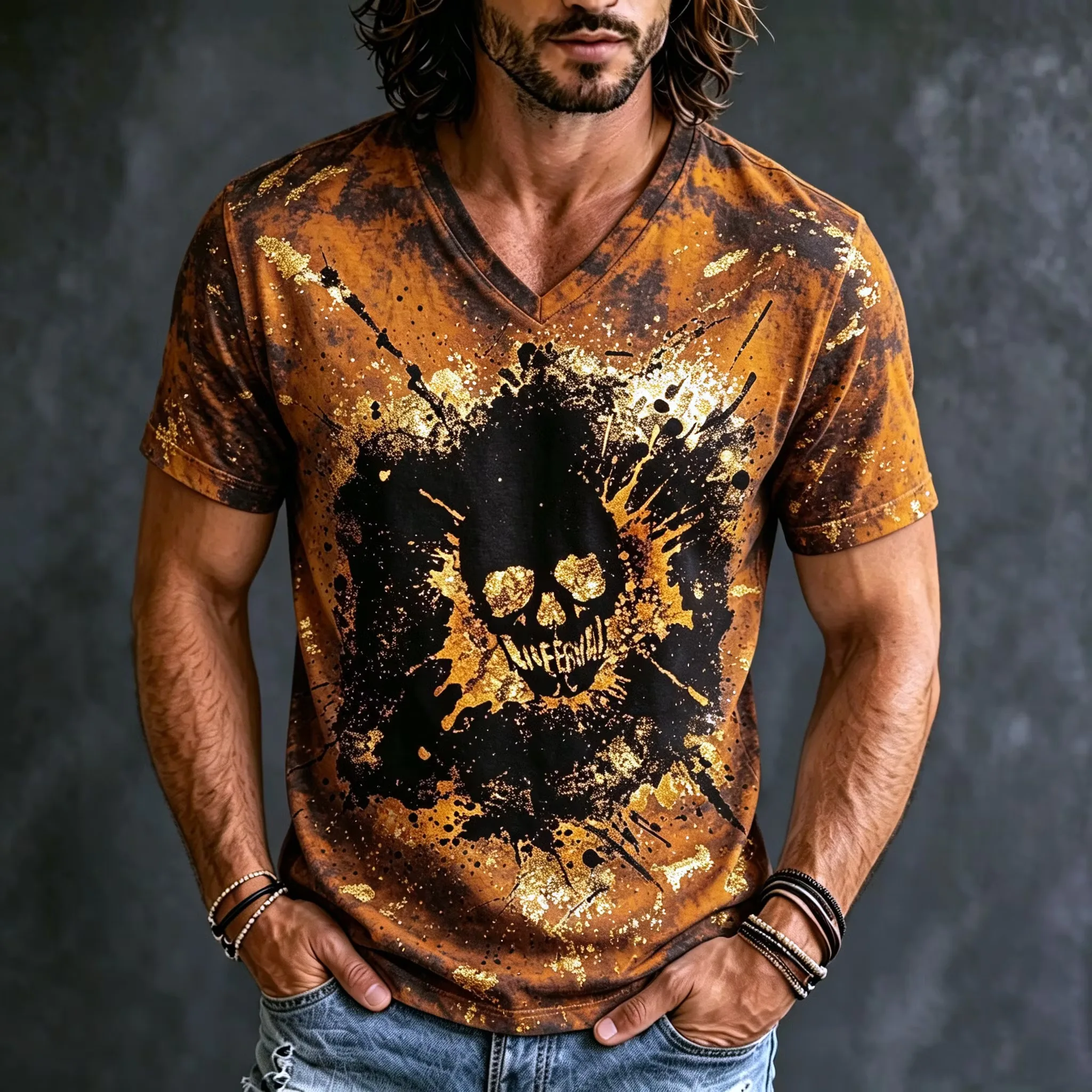 Herren-T-Shirt mit leuchtendem Jack-o'-Lantern-Kürbis-Print, Halloween-Gruselgesicht mit Risseffekt, O-Ausschnitt, kurze Ärmel, Streetwear-T-Shirt. – Detail 4