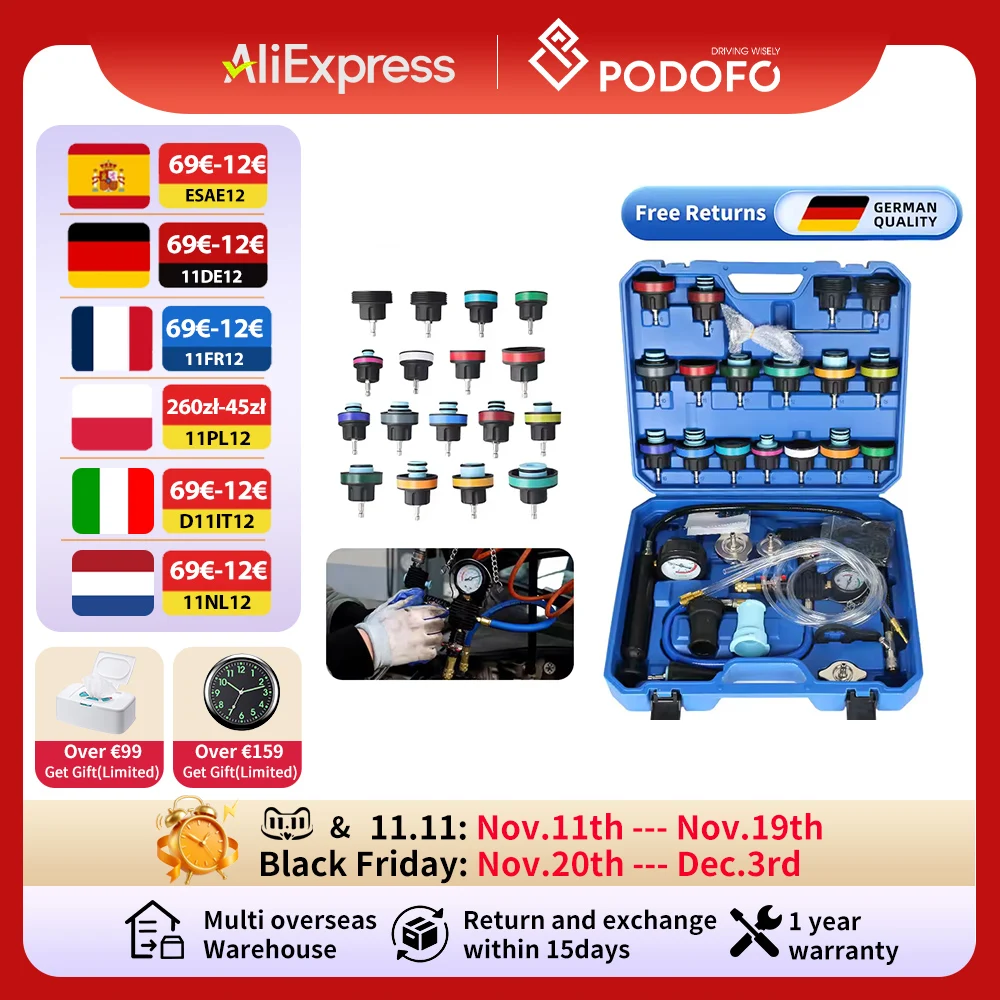 Podofo 28Pcs Universal Radiator Pressure Tester Set Vacuum Type Cooling System Tester Water Tank Leak Detection Detector Tool