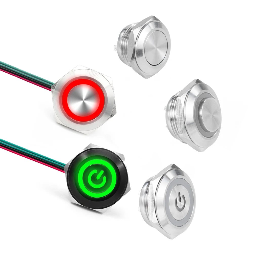 12/16/19/22/25/30mm With Wires Short Stroke Waterproof Metal Push Button Switch 1NO Momentary Self Reset Led Light 3-6v/12-24V