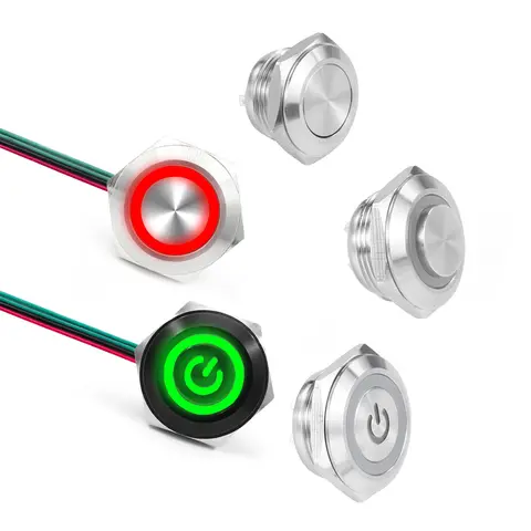 12/16/19/22/25/30mm With Wires Short Stroke Waterproof Metal Push Button Switch 1NO Momentary Self Reset Led Light 3-6v/12-24V