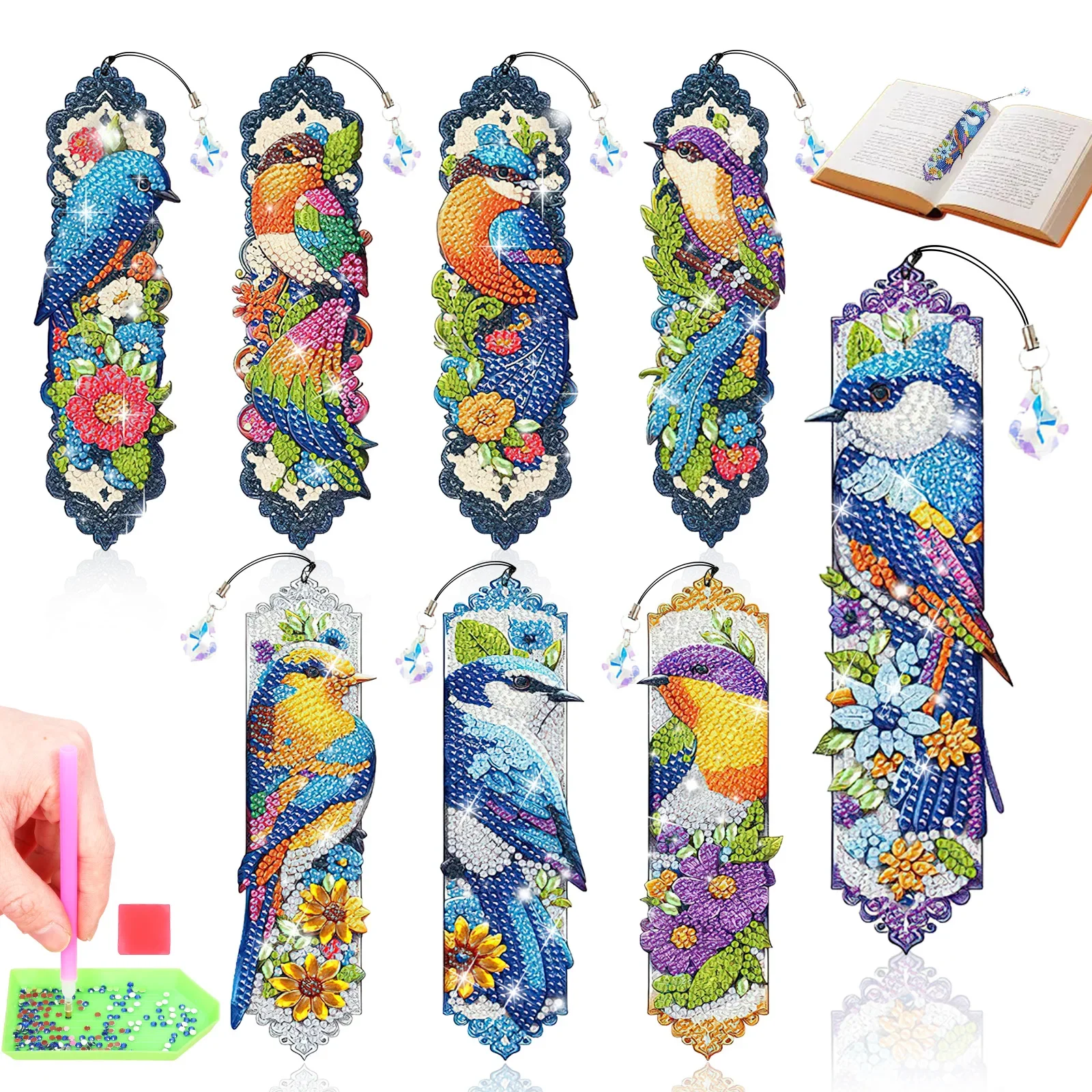 8Pcs Birds Diamond Art Bookmark Kit DIY Diamond Art Bookmark Crafts with Rhinestone Tassel Gifts for Bookworms Writers Teachers