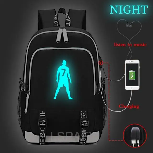 High quality Cristiano Ronaldo CR7 Luminous USB Charge Tenns backpack USB charging CR7 rucksack men women Mochila