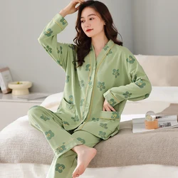 Autumn Women V-Neck Pajamas Sets Fashion Print Cotton Female Pyjamas Two Pieces Shirts + Pants Nighties Big Yards 5XL Sleepwear