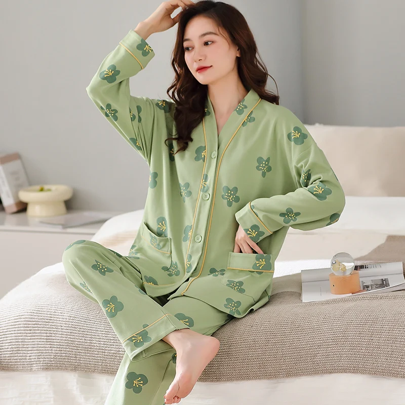 Autumn Women V-Neck Pajamas Sets Fashion Print Cotton Female Pyjamas Two Pieces Shirts + Pants Nighties Big Yards 5XL Sleepwear