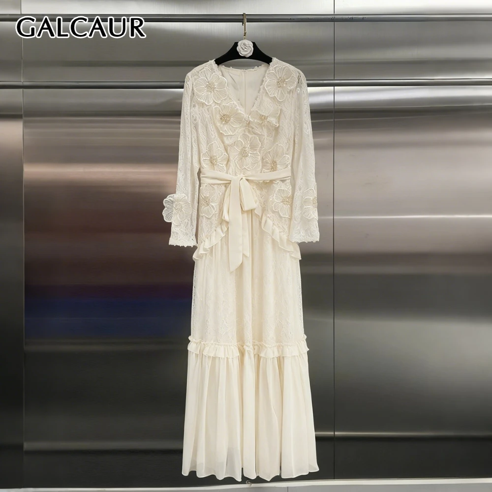 

GALCAUR Solid Spliced Lace Up French Dress Female V Neck Long Sleeve Loose Light Luxury Women's Dresses Autumn Fashion New Style