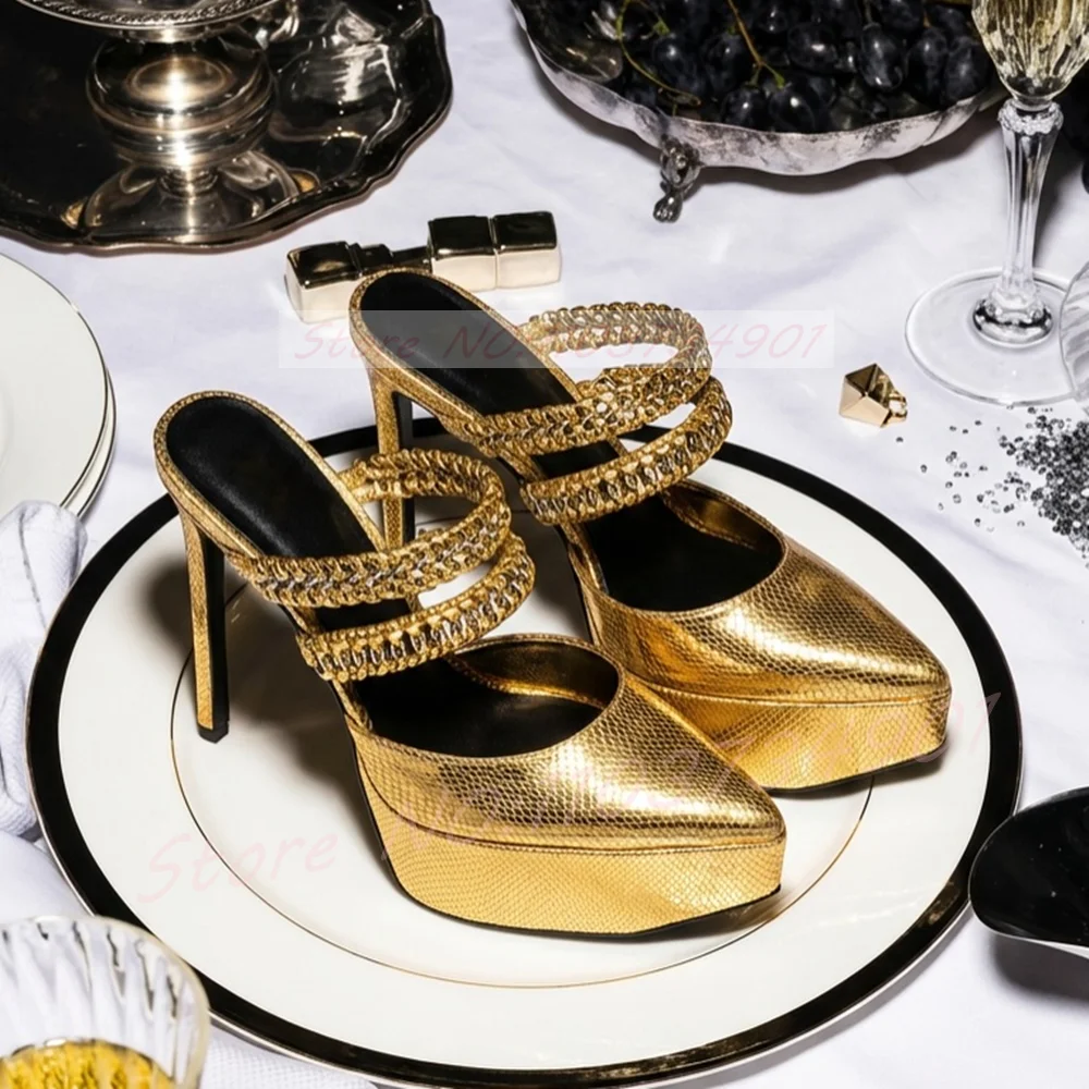 Metallic Snake Pointed Toe Platform Heeled Mules Women Gold Chain Strap Stiletto Heels Sandals Lady Sexy Party Front Strap Shoes