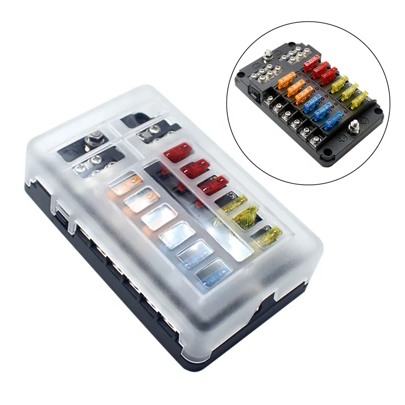 12-Way Circuit LED Indicator for Car Bus Marine Waterproof Fuse Box Holder with Negative Terminal 32V DC Made of Copper