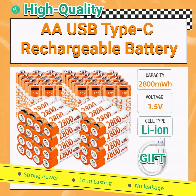 

Fast Charging 1.5V AA Li-ion Battery 2800mWh with USB-C Port Rechargeable Battery for RC Toys Mouse Keyboard Flashlight
