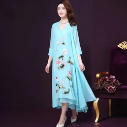 Chinese Style Embroidered Dress For Women Spring Summer NEW Elegant Fake Two Pieces Dresses Mother Fashion Chiffon Vestidos 4XL