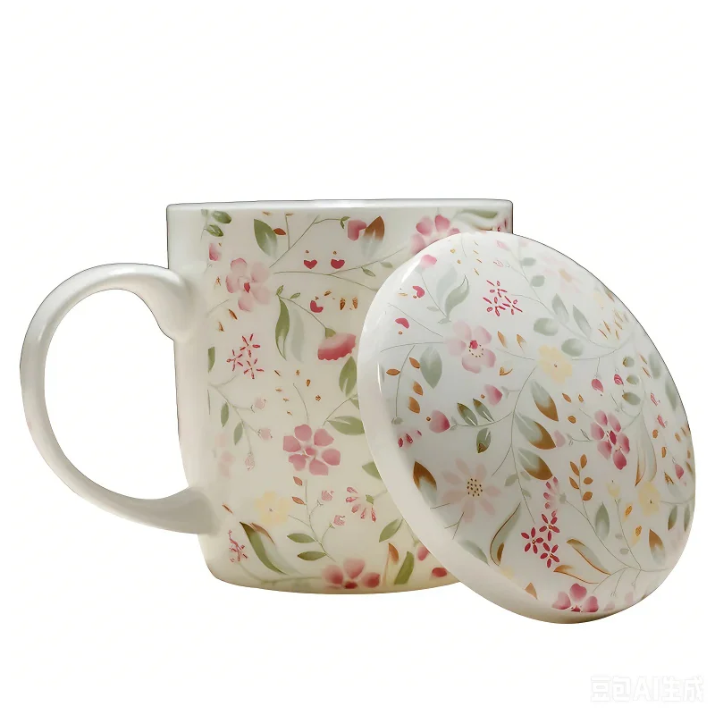 350ML, real bone china coffee cup, floral design, porcelain original breakfast cups, ceramic cups and mugs with lid, cute mug