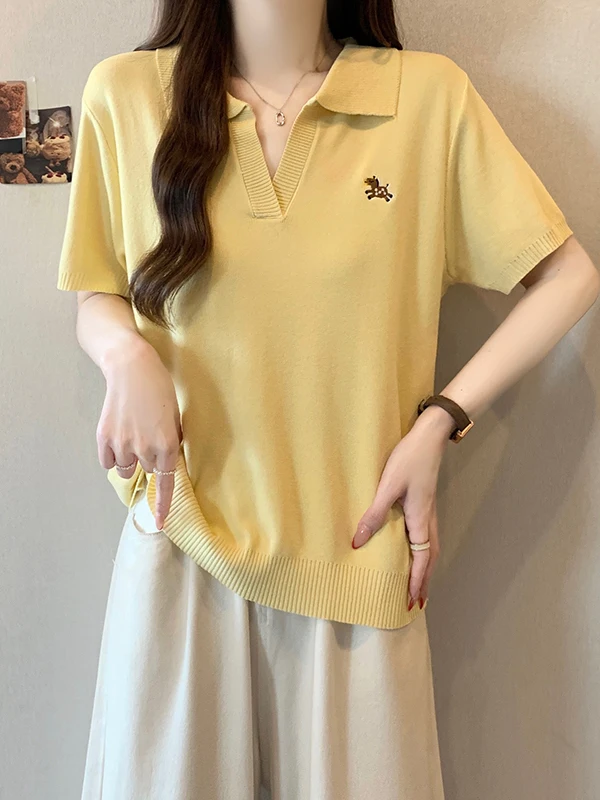 

plus Size Knitted Short Sleeve Embroidered Ice Silk Casual Loose Slimming Neck Top for plus Size Women Summer New Style