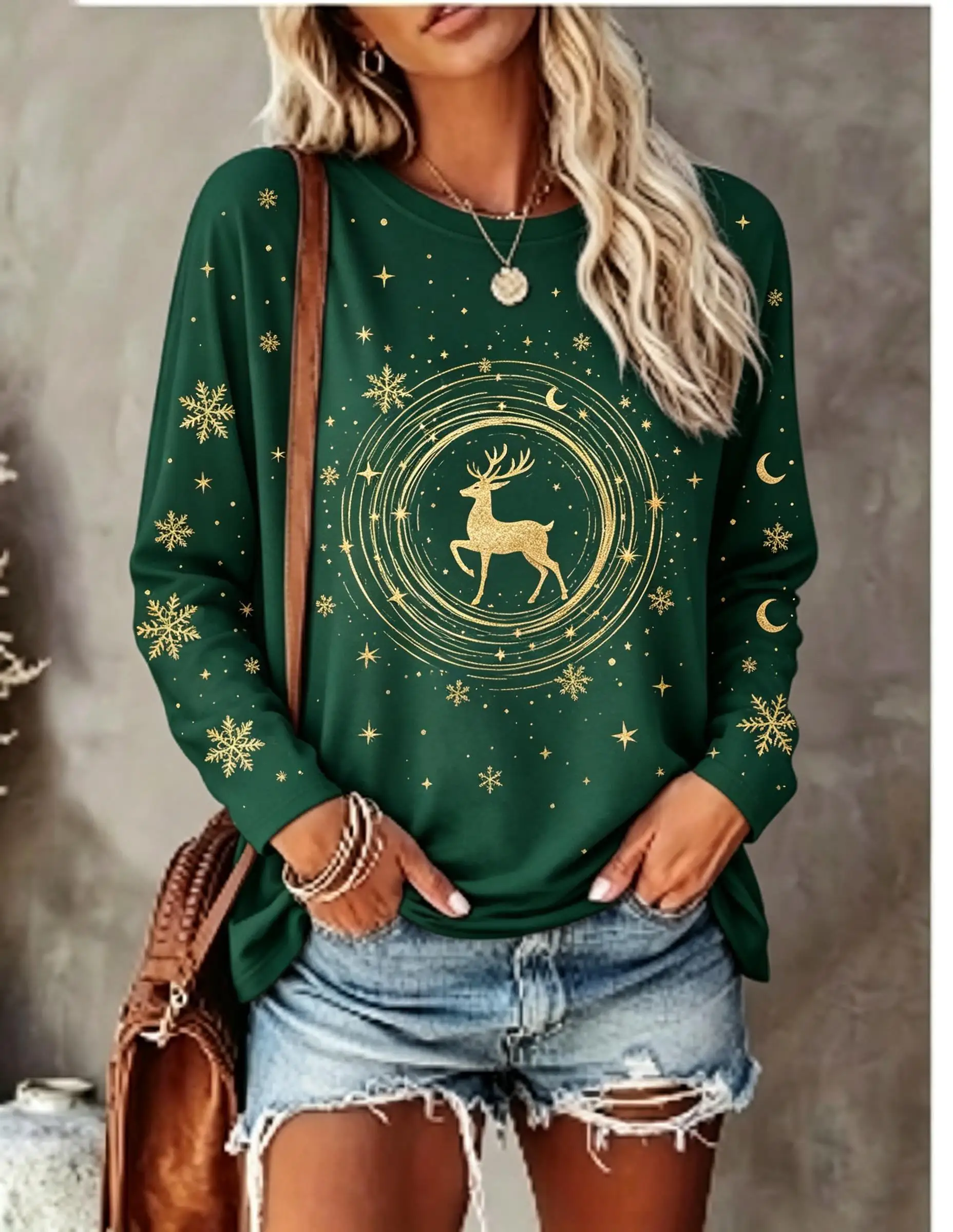 Women Long Sleeve T‑Shirt Christmas Golden Snowflake Moon Star Galaxy Print Crew Neck Casual Winter Tops
