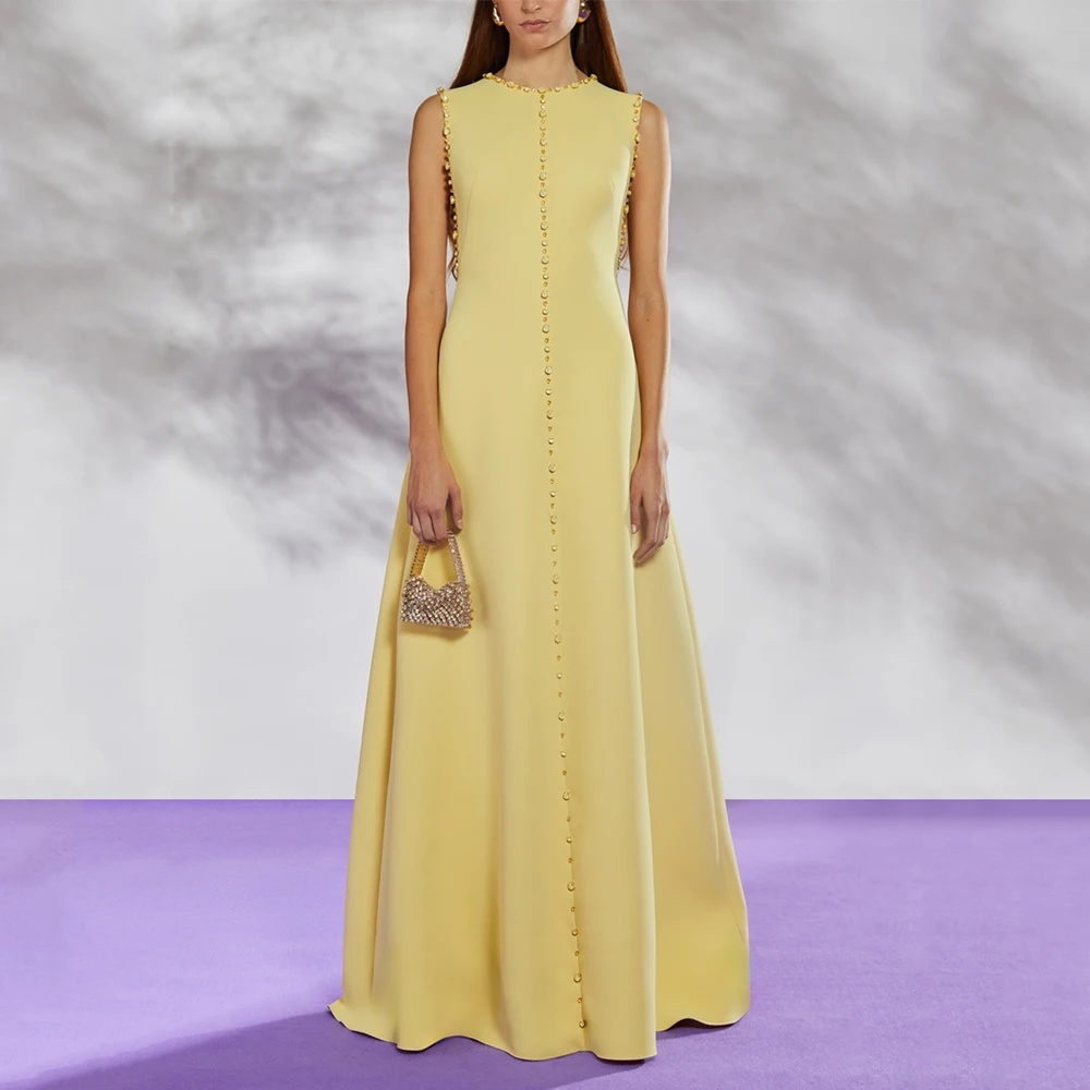 

Elegant Evening Dress Yellow Crystal O Neck Sleeveless A Line Wedding Guest Gowns for Women 2025 Floor Length Formal Party Dress