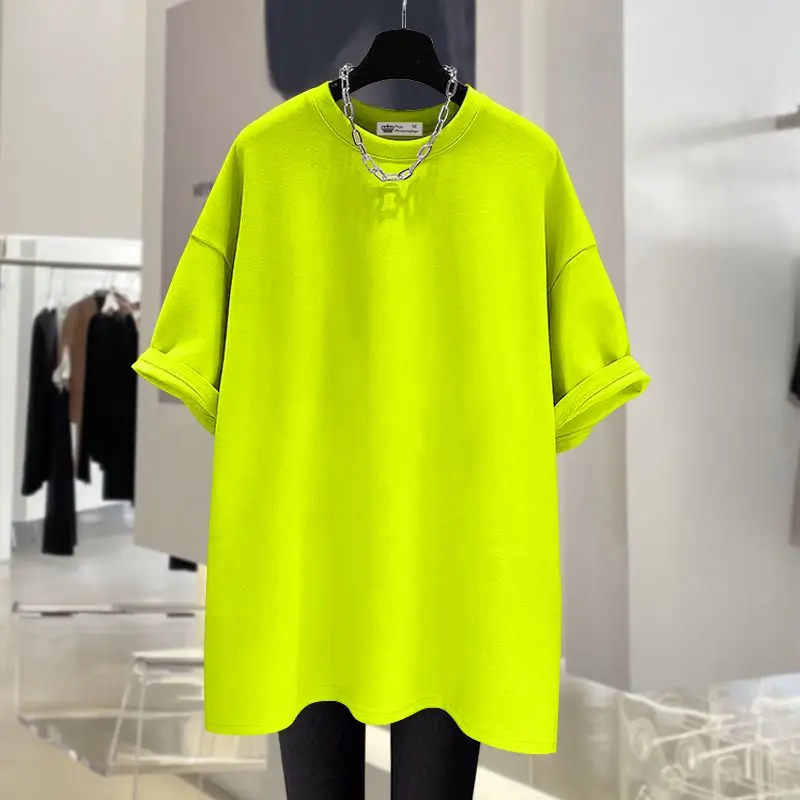 Lady Solid Color Simple Top Tees Summer Loose Crew Neck Short Sleeve Pure Cotton T-shirt Women  Basics Casual Pullover